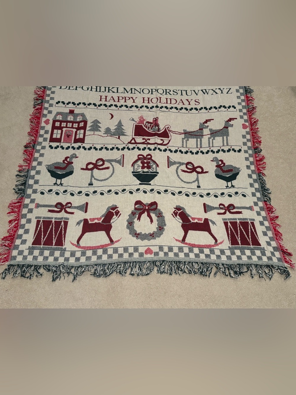 Vintage Crown Crafts 100% Cotton Woven Christmas Throw Red Green - Picture 3 of 5